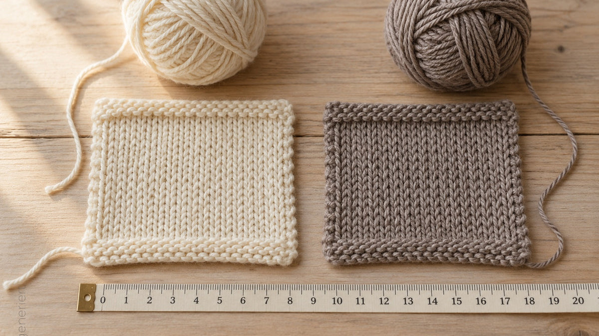 KI-generiertes Symbolbild: zwei Maschenproben in Naturweiß und Taupe mit passenden Garnknäueln und Maßband auf hellem Holz. Kennzeichnung AI generiert links unten.
