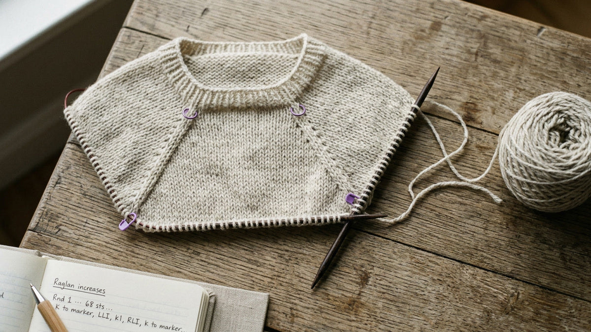 Angestrickte Raglan-Passe von oben in Naturweiß auf der Rundstricknadel, lila Maschenmarkierer an den Raglanlinien, Garnknäuel und Notizbuch auf altem Holztisch