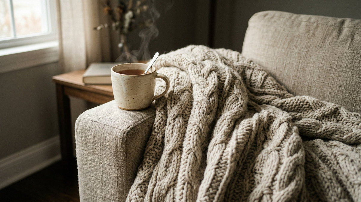 Dicke Zopfstrickdecke über einer Leinensofalehne, davor eine dampfende gesprenkelte Tasse mit Löffel