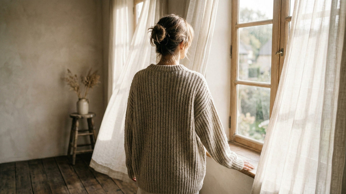 Frau von hinten in graugrünem Rippenpullover an einem offenen Fenster mit Leinenvorhängen