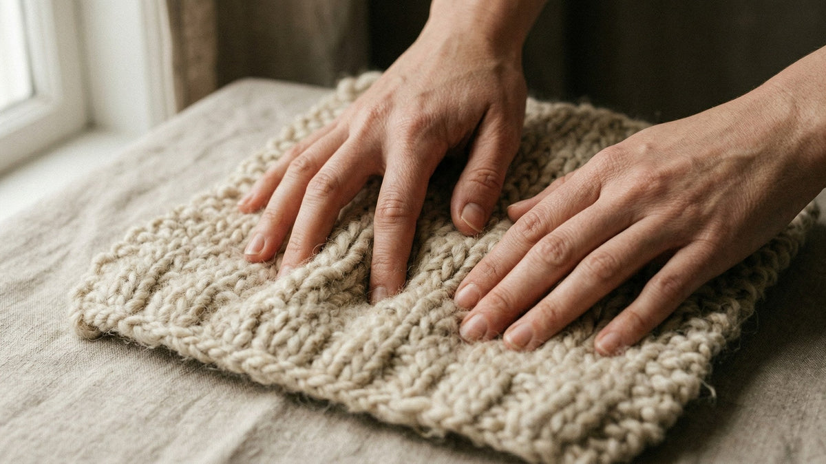 Zwei Hände liegen flach auf einem grob gestrickten cremefarbenen Tuch auf Leinen, seitliches Fensterlicht