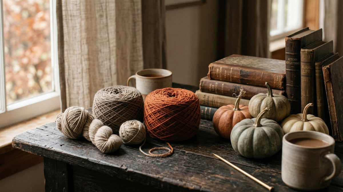 Orange und beige Wollknäuel neben Zierkürbissen, alten Büchern und zwei Steingut-Tassen auf dunklem Holztisch.