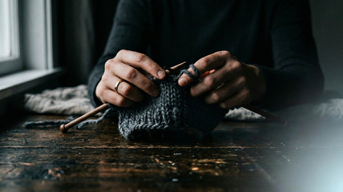Nahaufnahme zweier Hände mit Ehering, die mit Holznadeln an einem dunkelgrauen Strickstück arbeiten.