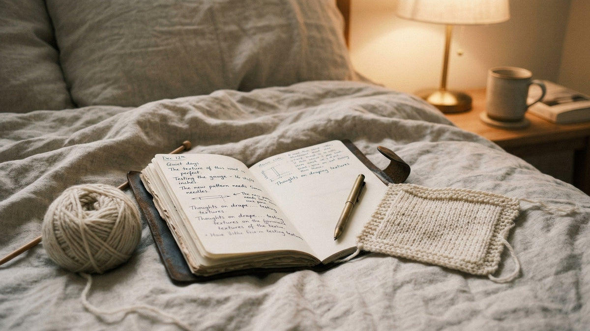Handbeschriebenes Notizbuch mit Stift auf grauer Leinenbettwäsche, daneben Wollknäuel und gestrickte Probe.