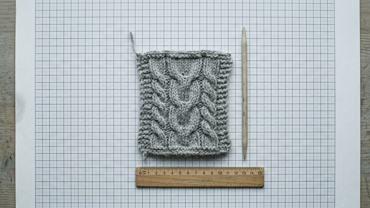 Graues Strickquadrat mit Zopfmuster auf Millimeterpapier, daneben Holzlineal und eine einzelne Stricknadel.