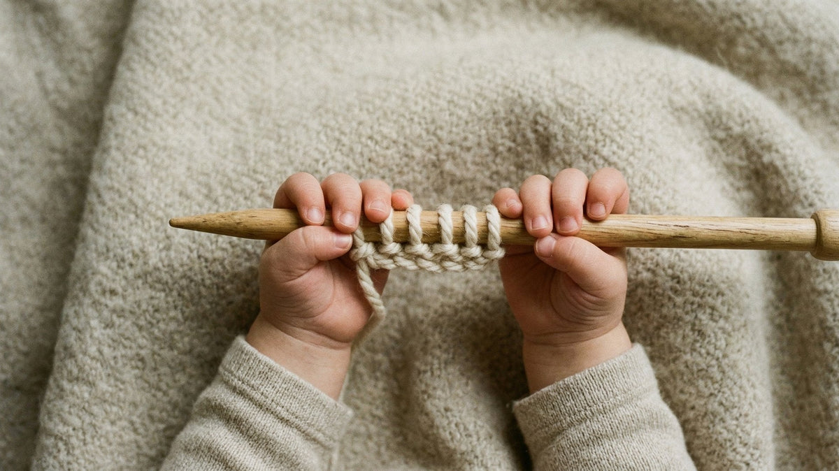 Kleine Kinderhände umfassen eine dicke Holznadel mit wenigen cremefarbenen Maschen über einer beigen Wolldecke.