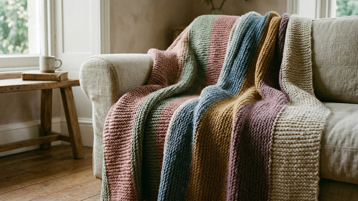 Gestrickte Decke mit breiten Streifen in Rosé, Grün, Blau, Senf und Lila über einem hellen Sofa am Fenster.