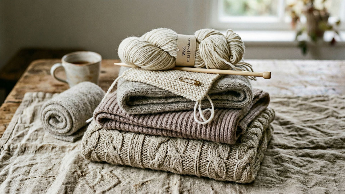Stapel naturfarbener Strickteile, Wollstrang mit Banderole, Holznadeln und Becher auf Leinentuch am Fenster