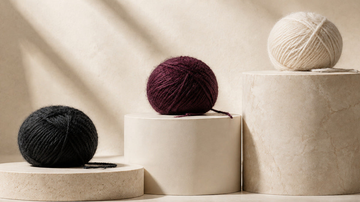 Drei Wollknäuel in Schwarz, Beerenrot und Naturweiß auf hellen Steinsockeln unterschiedlicher Höhe