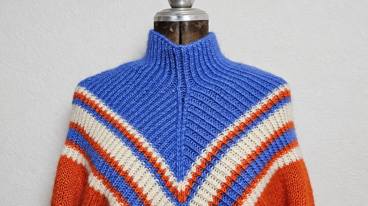 Pullover Witch auf einer Schneiderbüste: blauer Kragen und V-förmige Streifen in Blau, Naturweiß und Rostrot, Querformat-Ausschnitt