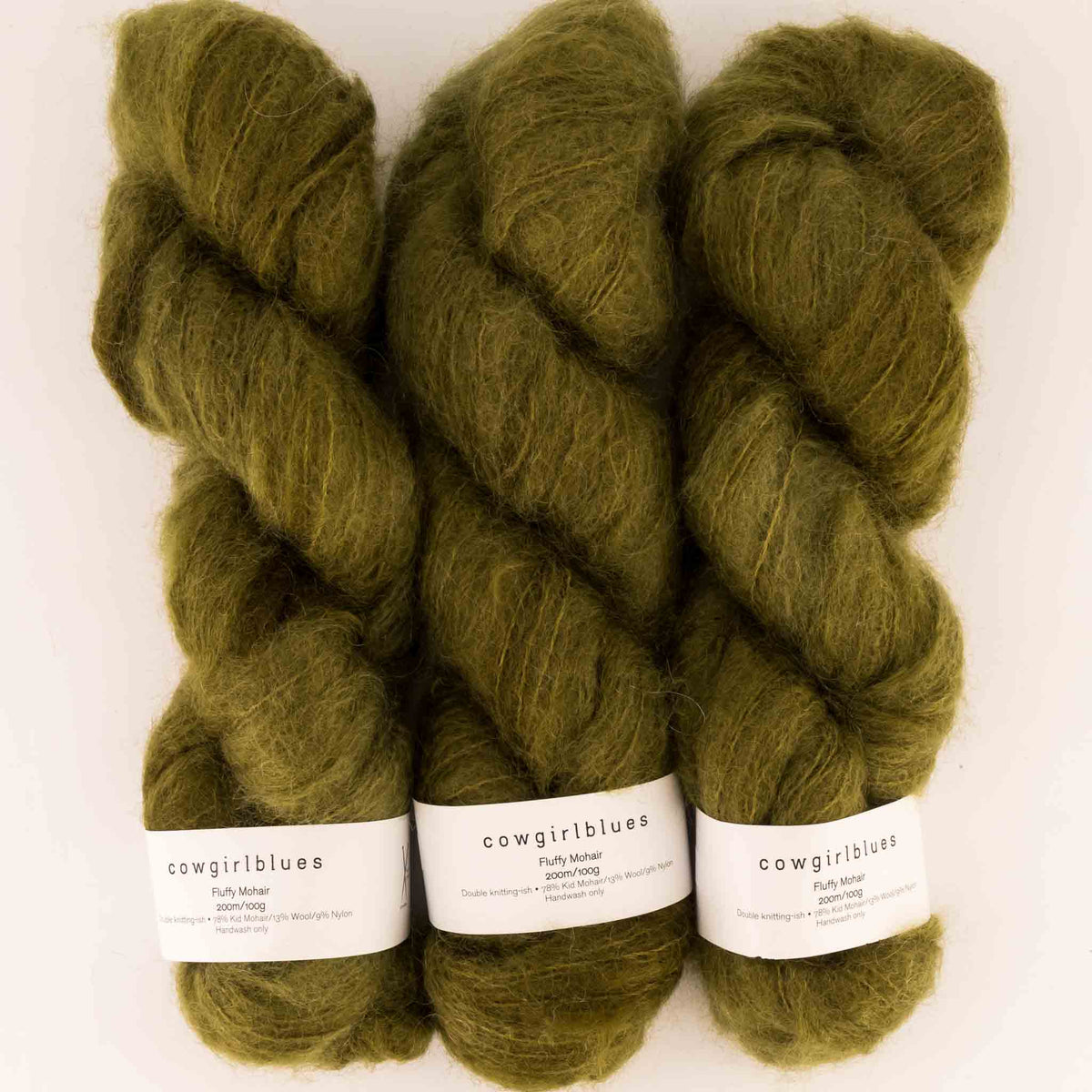 Cowgirlblues Fluffy Mohair Solids, Farbe 11 Olive: 78 % Mohair, 13 % Wolle, 9 % Nylon
