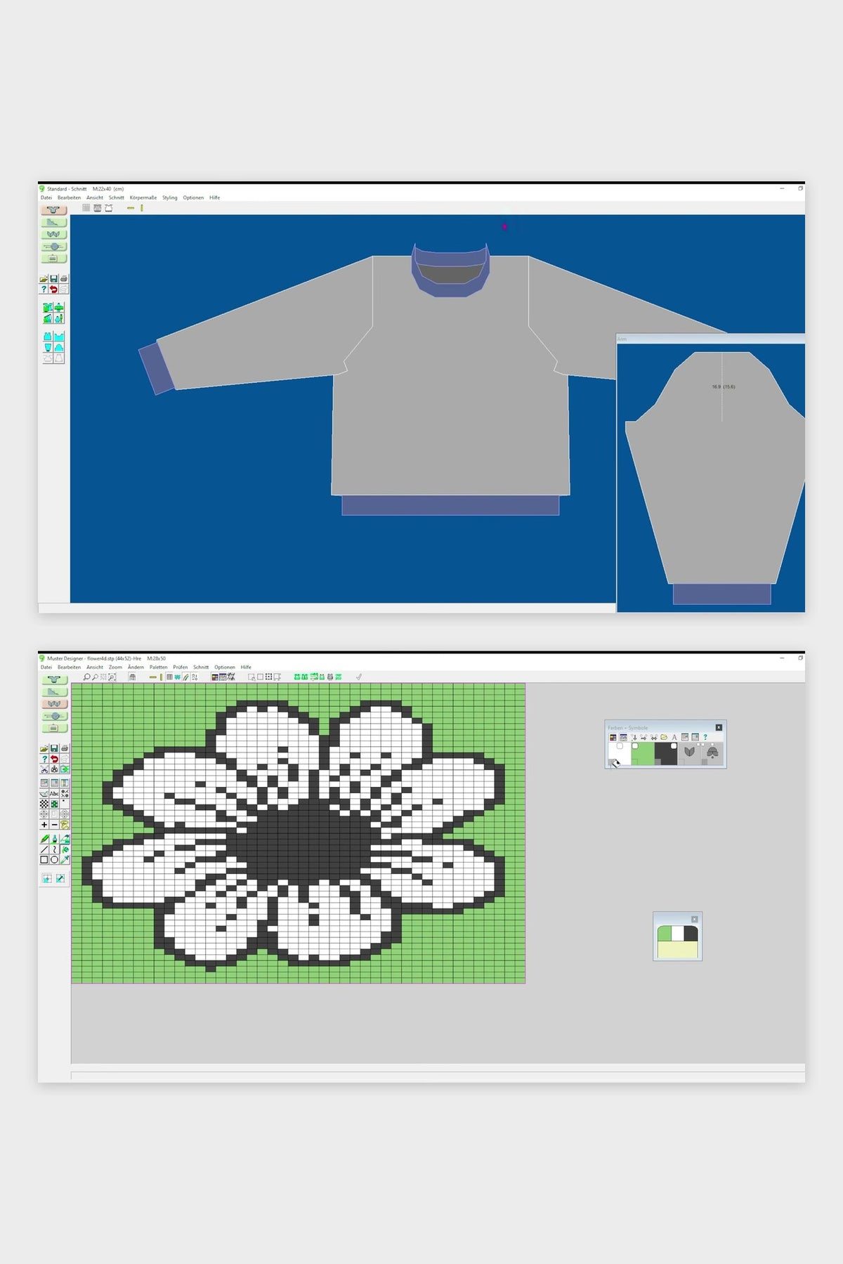 DesignaKnit 9, Programmansichten: Pulloverschnitt und Muster im Musterdesigner
