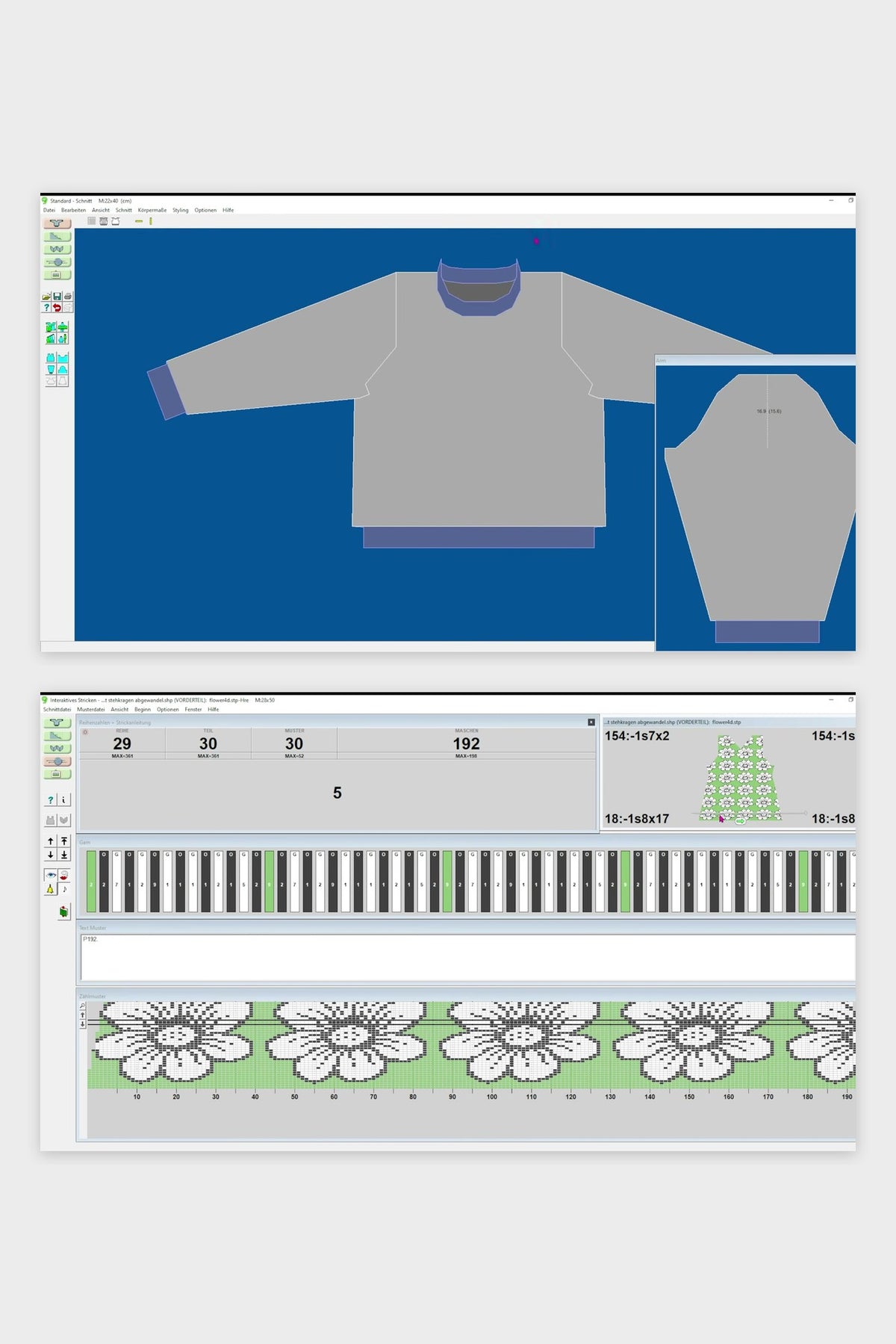 DesignaKnit 9, Programmansichten: Pulloverschnitt und interaktives Maschinenstricken