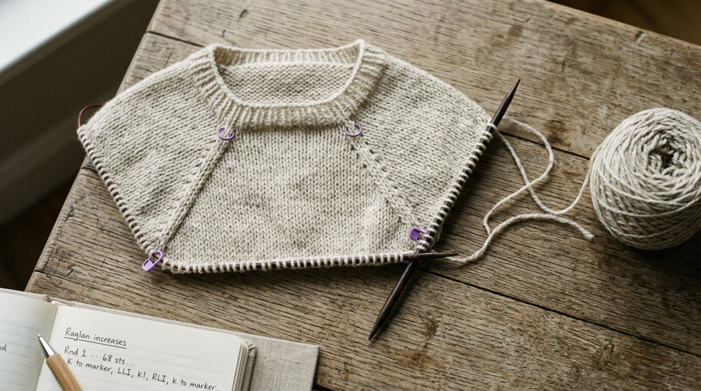 Angestrickte Raglan-Passe von oben in Naturweiß auf der Rundstricknadel, lila Maschenmarkierer an den Raglanlinien, Garnknäuel und Notizbuch auf altem Holztisch