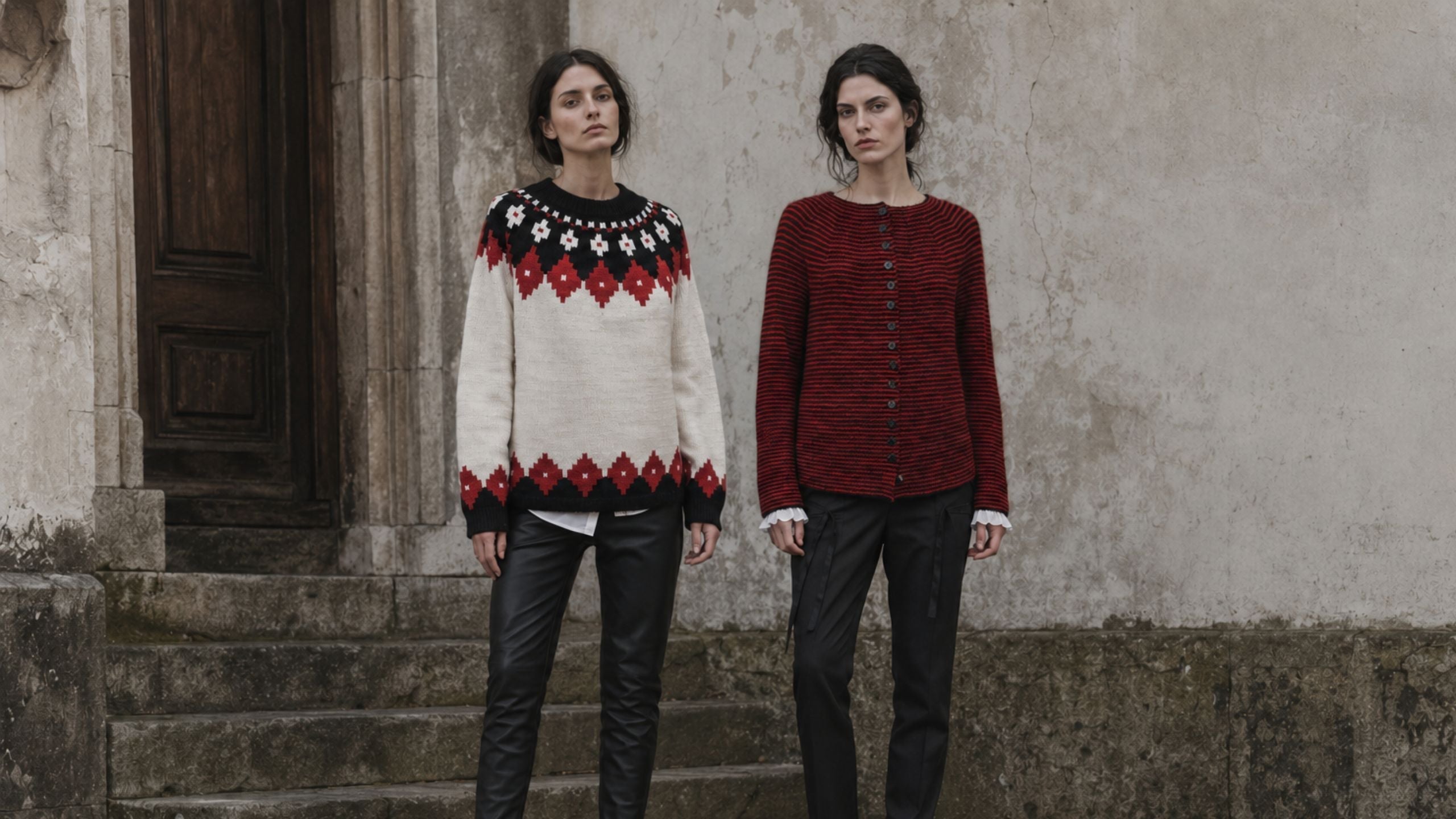 Zwei Frauen vor verwitterter Steinmauer, eine im creme-roten Rundpassenpullover, eine in rot-schwarzer Jacke
