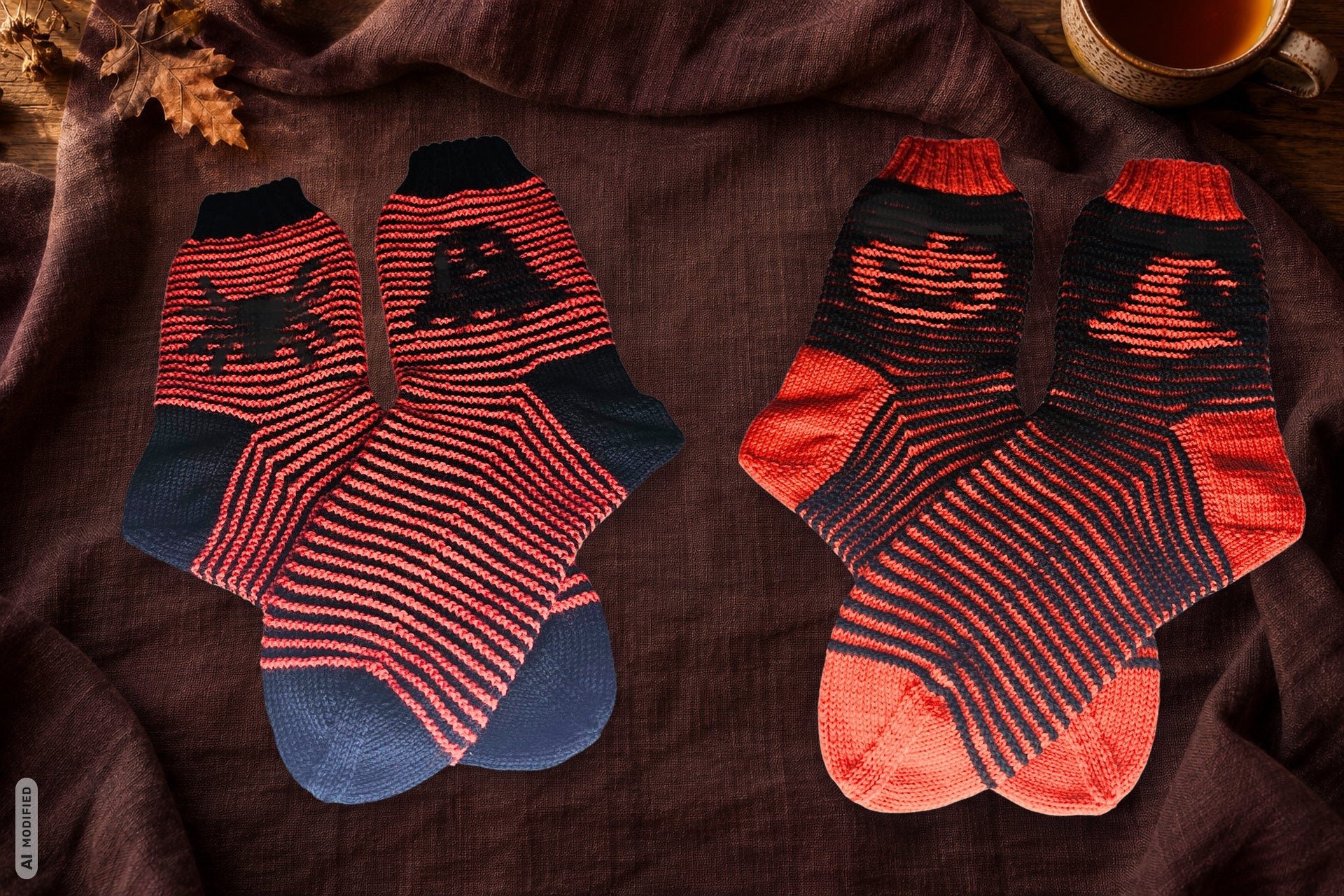 Halloween-Socken Spider & Ghost und Pumpkin & Witch aus Claudia Wersings Originalfotos, auf warmem Stoff mit Herbstlaub und Tee. Hintergrund mit KI gestaltet; AI MODIFIED.