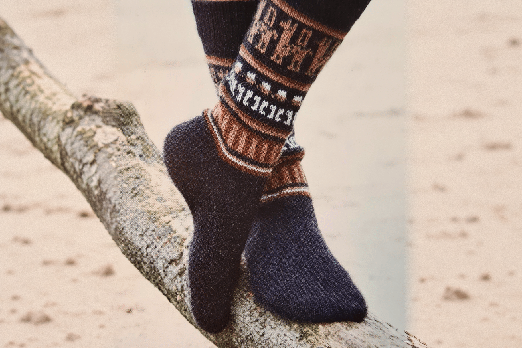 Dunkle Mustersocken mit sichtbaren Fersen und Fußspitzen auf einem Ast. Originalfoto mit seitlich durch KI erweitertem Hintergrund.