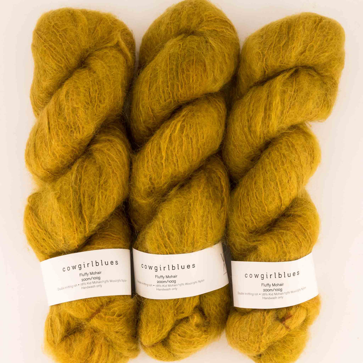 Cowgirlblues Fluffy Mohair Solids, Farbe 09 Mustard: 78 % Mohair, 13 % Wolle, 9 % Nylon