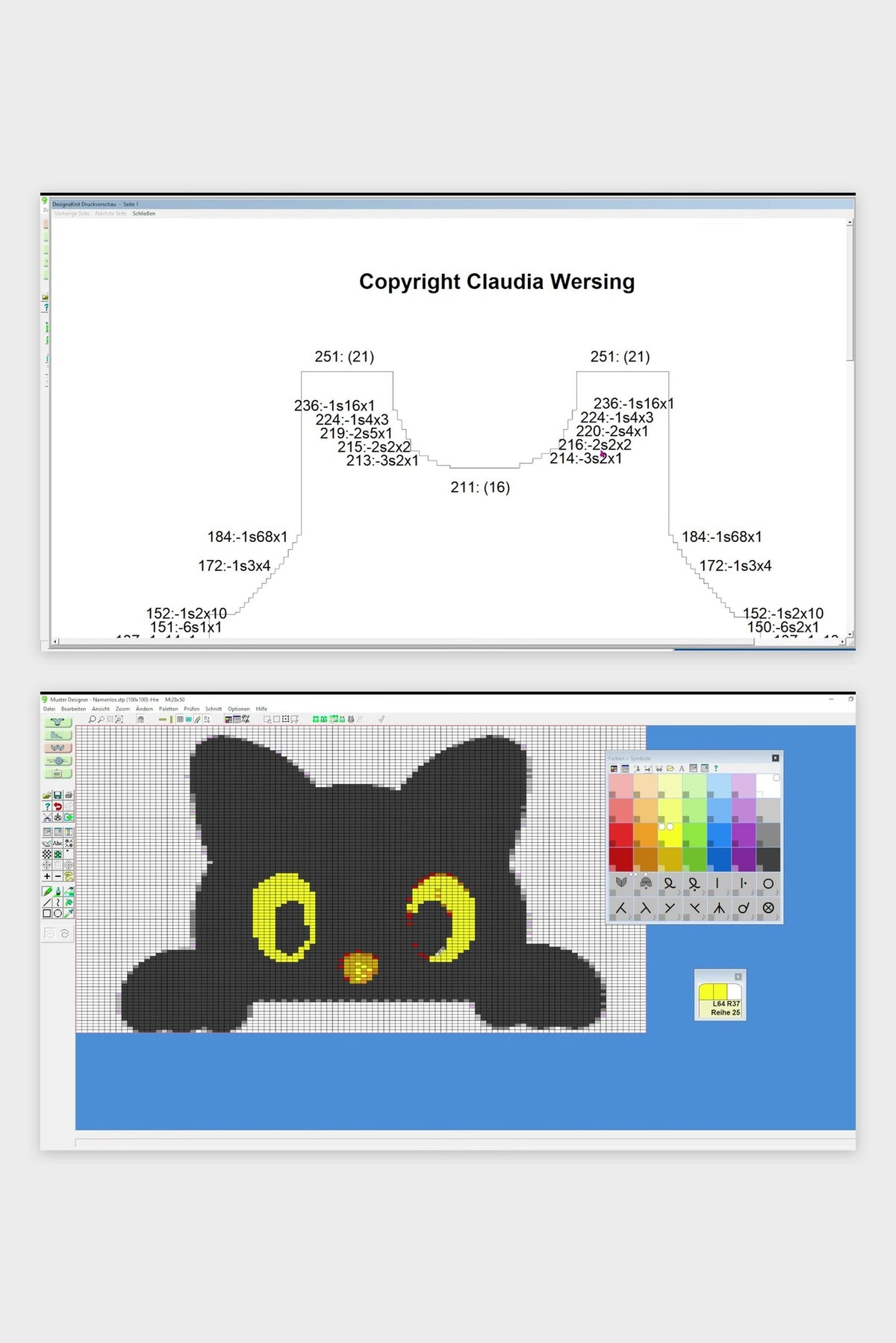 DesignaKnit 9, Programmansichten: Schnittzeichnung mit Abnahmen und Motiv im Musterdesigner