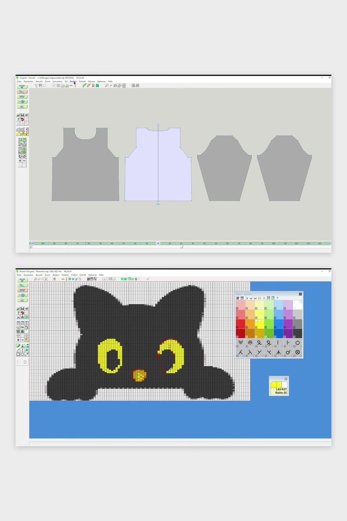 DesignaKnit 9, Programmansichten: Schnittteile und Motiv im Musterdesigner