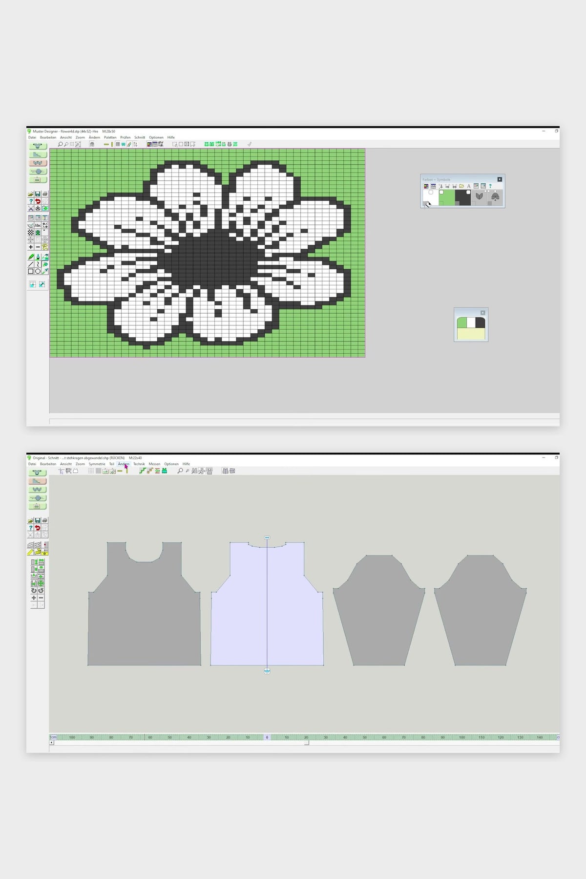 DesignaKnit 9, Programmansichten: Musterdesigner und Schnittteile