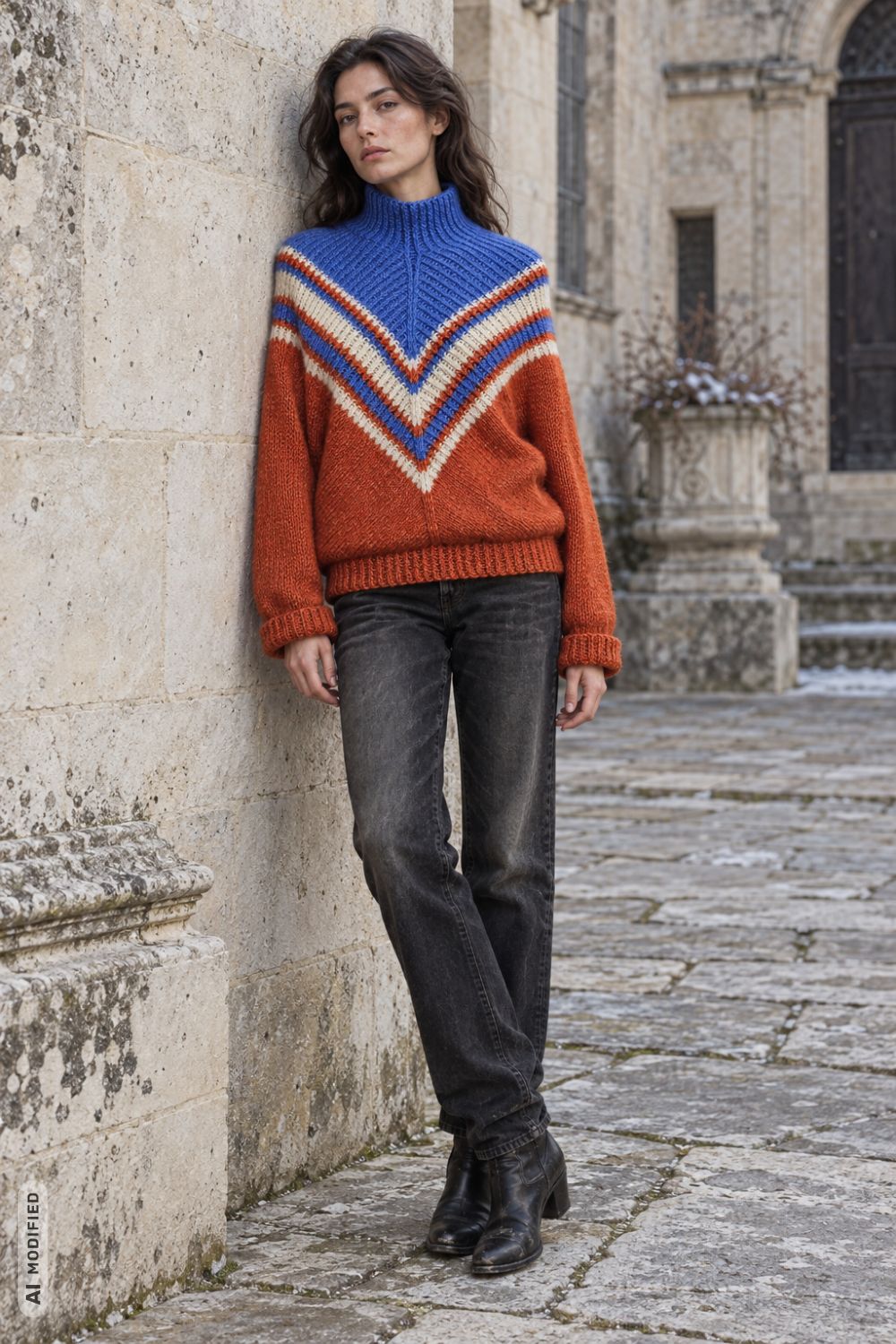 Pullover Witch, Strickanleitung, quer gestrickter Pullover mit V-Streifen in Blau, Naturweiß und Orange und Rollkragen, Garn: BC Garn Brisa