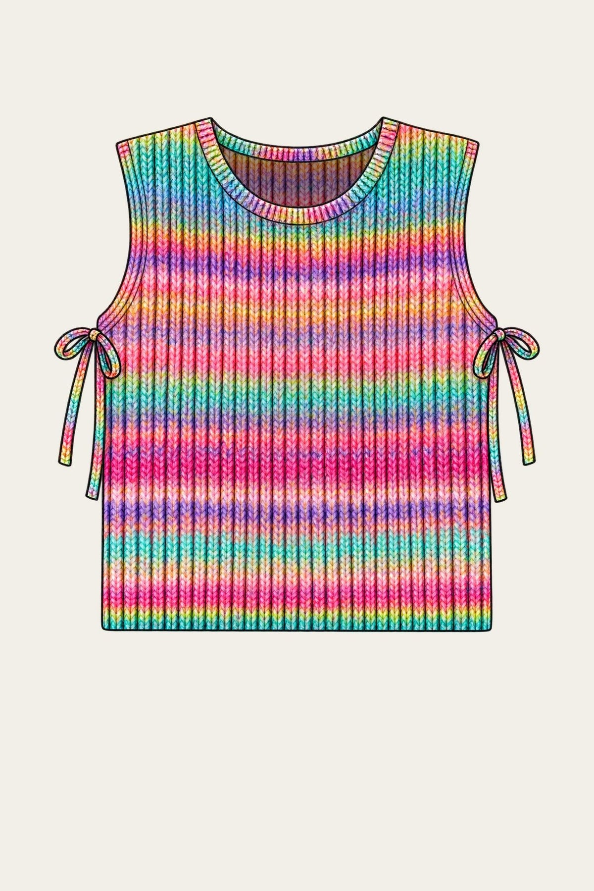 Pullunder Circe - Color Crush, Zeichnung des Rippenpullunders mit offenen Seiten und Bindebändern, Garn: Kremke Color Crush, Farbe 104 Dopamine Dressing